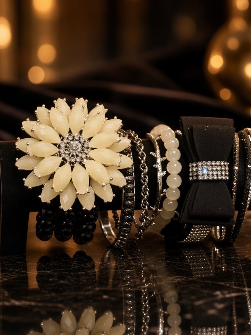 Signature Faith Cream Floral Statement Bracelet Stack Black Bow Silver Accents